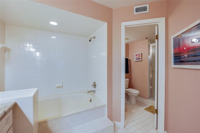 full bathroom with toilet, vanity, tile patterned floors, and shower with separate bathtub