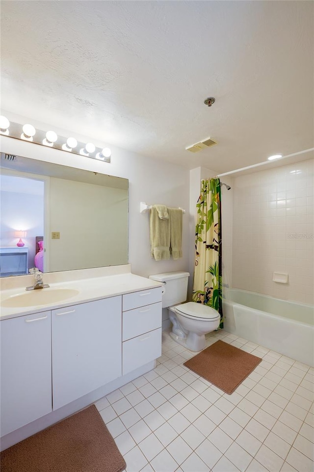 full bathroom with toilet, vanity, shower / bathtub combination with curtain, and tile patterned flooring