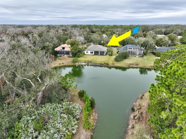 drone / aerial view featuring a water view