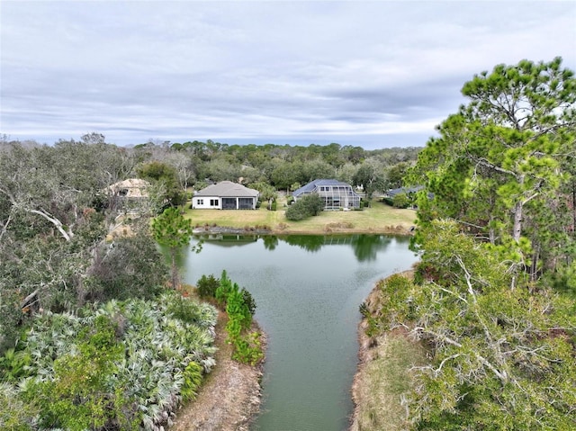 bird's eye view with a water view