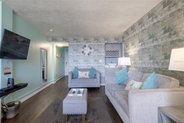 living room featuring dark wood-type flooring