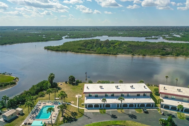 drone / aerial view with a water view