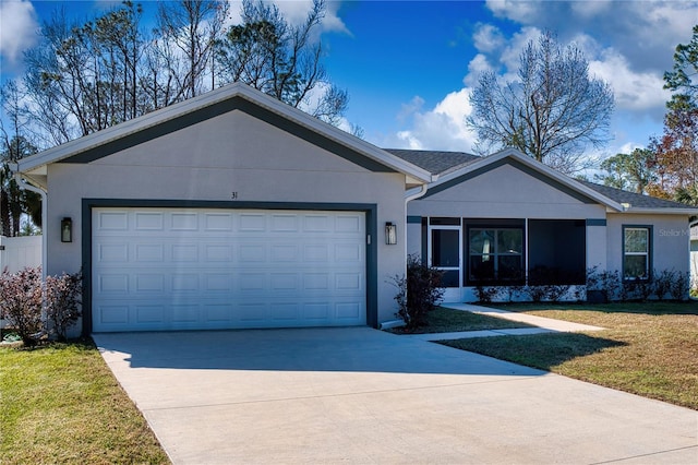 ranch-style house with a garage and a front lawn