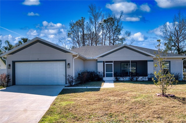 single story home with a garage and a front yard