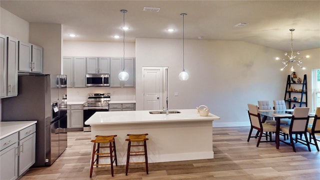 kitchen with gray cabinets, stainless steel appliances, and a center island with sink