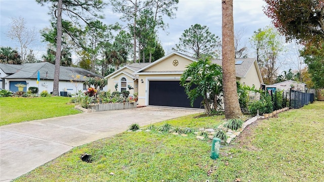 single story home featuring a garage, cooling unit, and a front yard