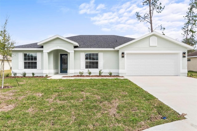 ranch-style house with a shingled roof, a front lawn, stucco siding, a garage, and driveway