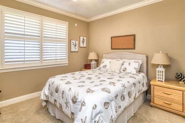 bedroom with light colored carpet, crown molding, and a textured ceiling