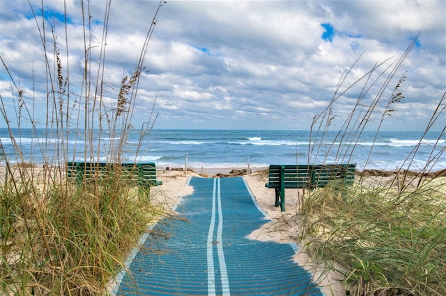 view of water feature featuring a beach view