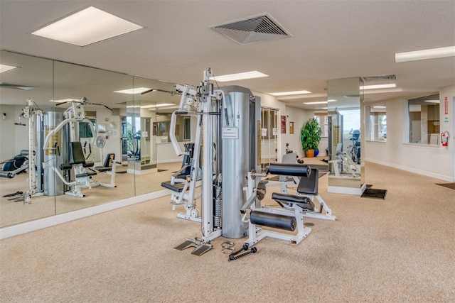 gym featuring light colored carpet