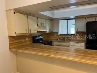 kitchen featuring white cabinets, range with electric stovetop, decorative backsplash, and ventilation hood