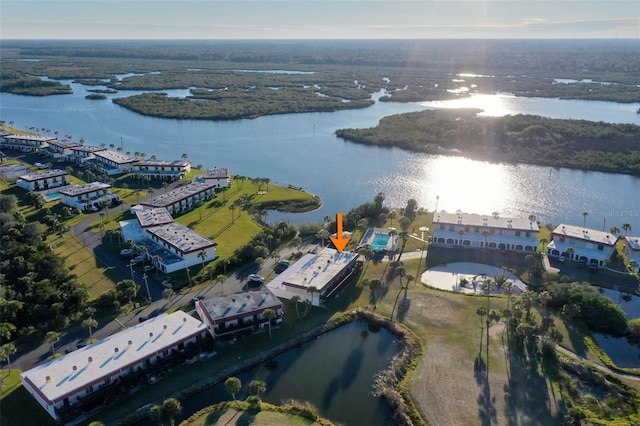 aerial view featuring a water view