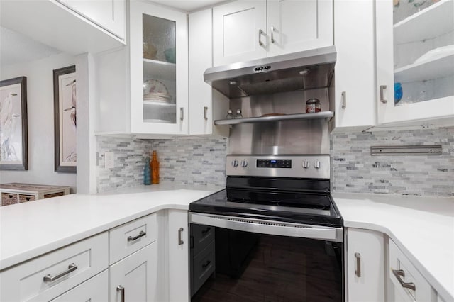 kitchen with glass insert cabinets, range with electric cooktop, light countertops, and under cabinet range hood