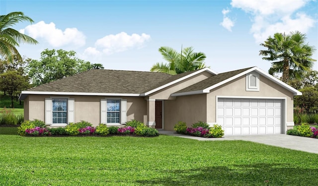 ranch-style house featuring a front yard and a garage