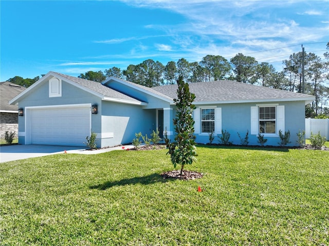 ranch-style house featuring stucco siding, driveway, a front yard, and a garage