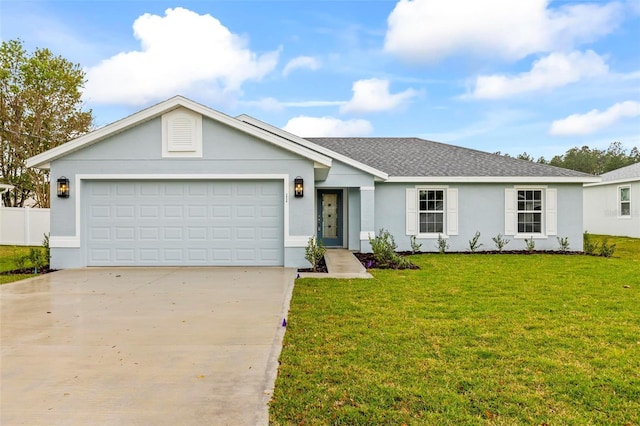 single story home featuring stucco siding, driveway, a front yard, a shingled roof, and a garage