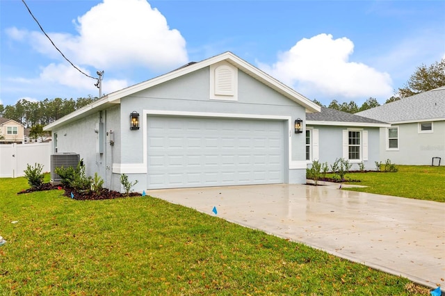 ranch-style house with stucco siding, a front lawn, driveway, an attached garage, and central AC unit