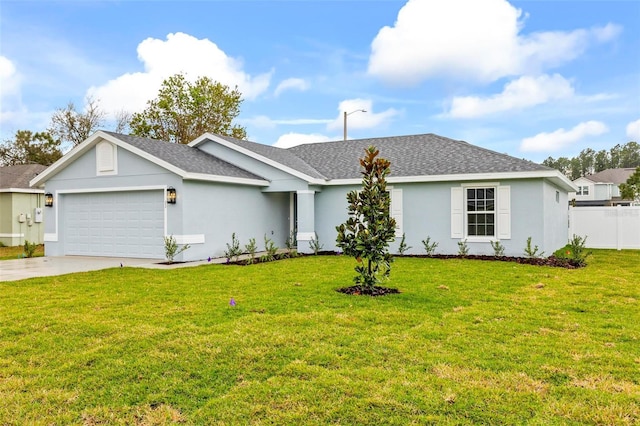 single story home with stucco siding, an attached garage, driveway, and fence