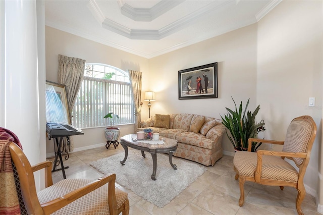 tiled living room featuring a raised ceiling and crown molding