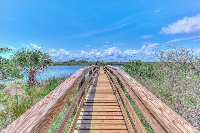 view of dock with a water view