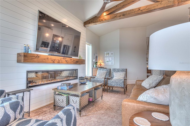 living room featuring ceiling fan, wooden walls, and lofted ceiling with beams