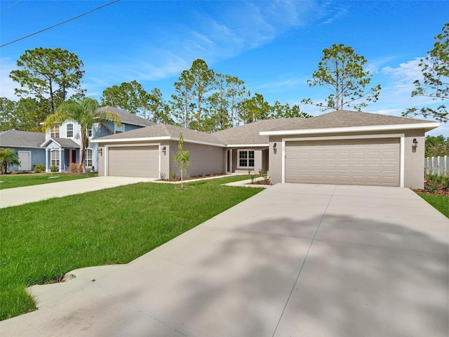 ranch-style home with a garage and a front yard