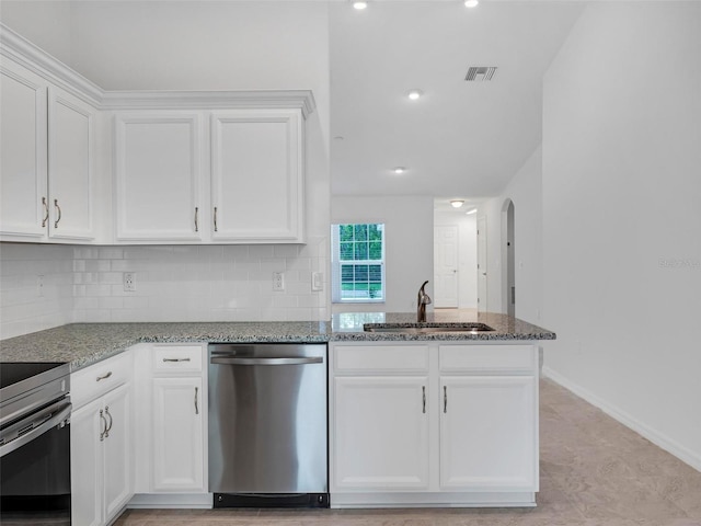 kitchen featuring electric range oven, stainless steel dishwasher, decorative backsplash, sink, and white cabinetry