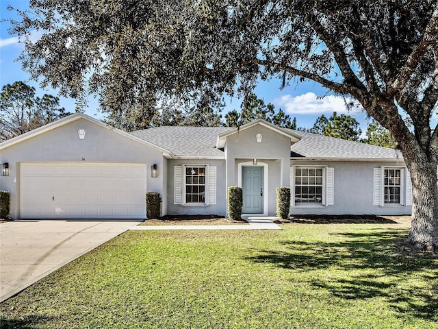 ranch-style home with a front yard and a garage