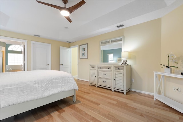 bedroom featuring ceiling fan and light hardwood / wood-style flooring