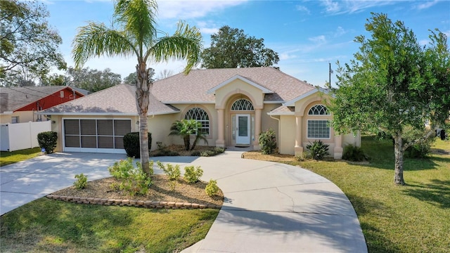 ranch-style house with a garage and a front yard