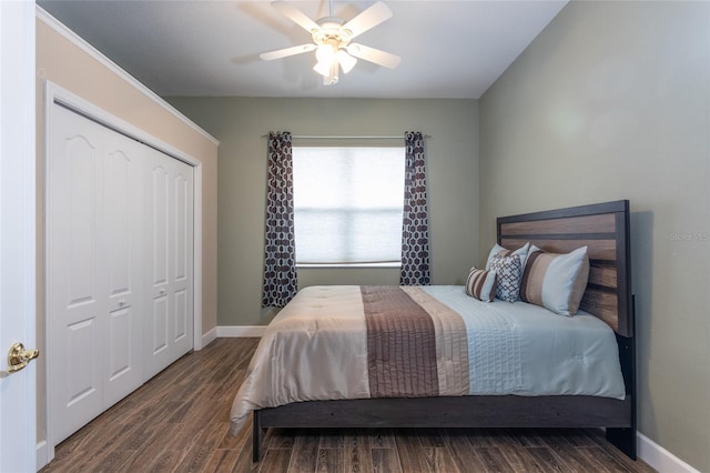 bedroom featuring ceiling fan, dark hardwood / wood-style floors, and a closet