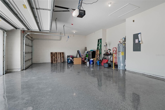 garage featuring electric panel, water heater, and a garage door opener