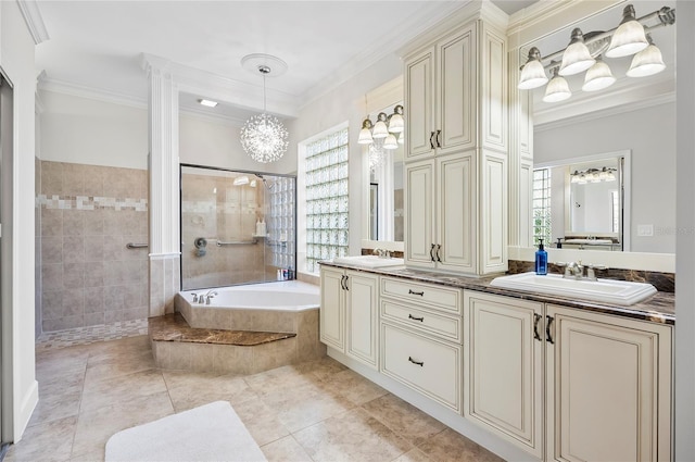 bathroom featuring a wealth of natural light, shower with separate bathtub, vanity, and tile patterned flooring