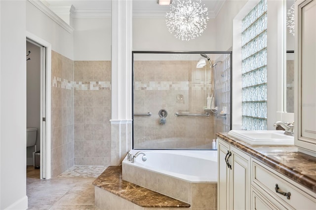 bathroom with vanity, tile patterned flooring, plus walk in shower, a healthy amount of sunlight, and a chandelier