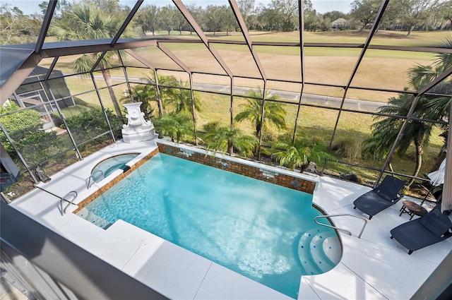 view of pool featuring a lanai, a patio area, and an in ground hot tub