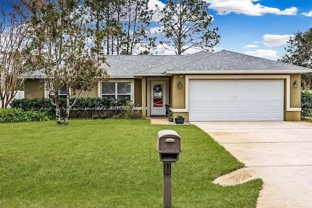 single story home with a garage and a front yard