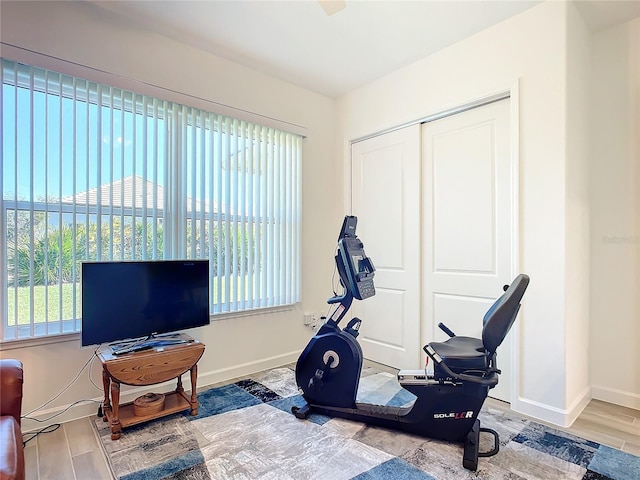 workout room with wood-type flooring