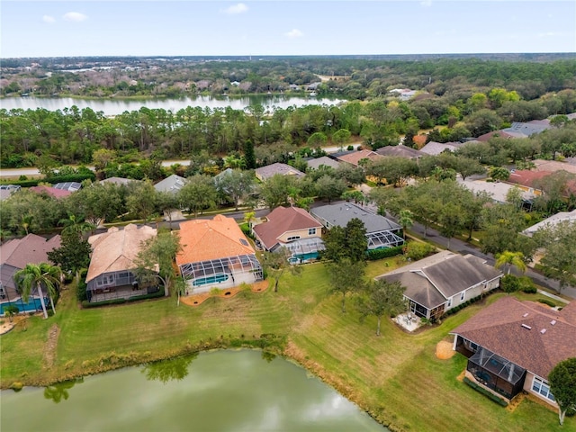 drone / aerial view with a water view