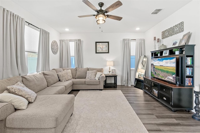 living room featuring ceiling fan and dark hardwood / wood-style floors