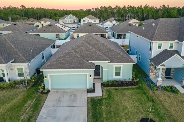 view of aerial view at dusk