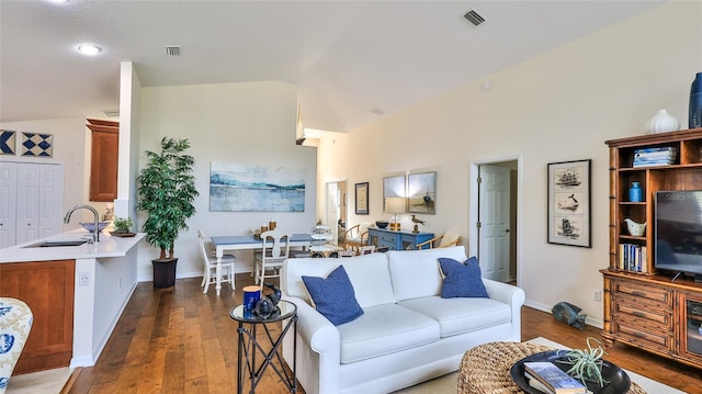 living room with vaulted ceiling, dark wood-type flooring, and sink