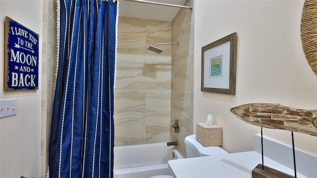 bathroom featuring toilet and shower / bathtub combination with curtain