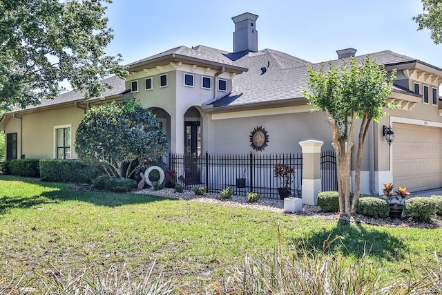 mediterranean / spanish-style house featuring a garage and a front lawn