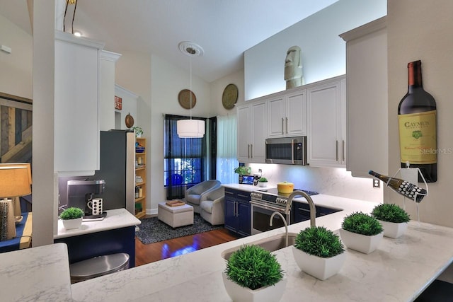 kitchen with white cabinetry, stainless steel appliances, sink, hanging light fixtures, and dark hardwood / wood-style floors