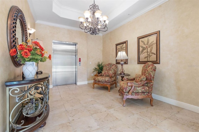 living area with a chandelier, crown molding, a tray ceiling, and elevator