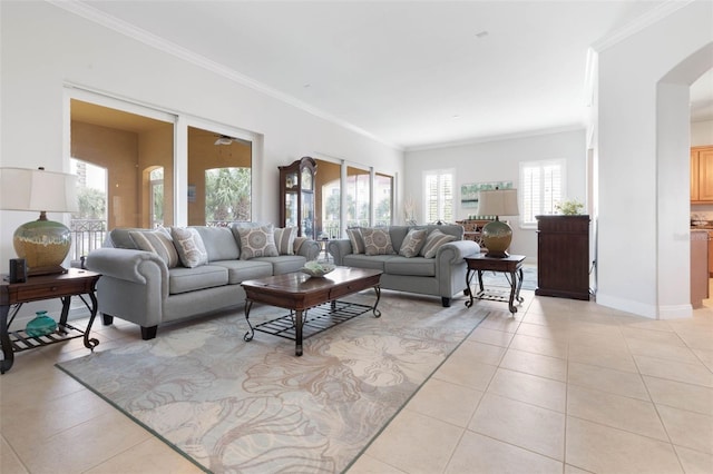 tiled living room featuring crown molding