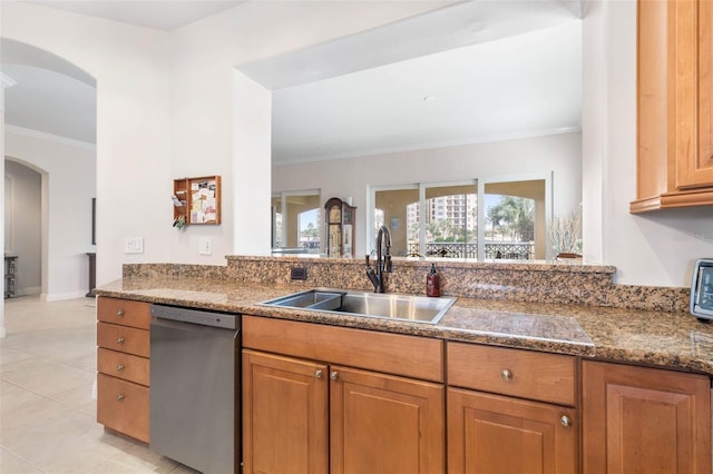 kitchen featuring light tile patterned floors, stone countertops, ornamental molding, stainless steel dishwasher, and sink