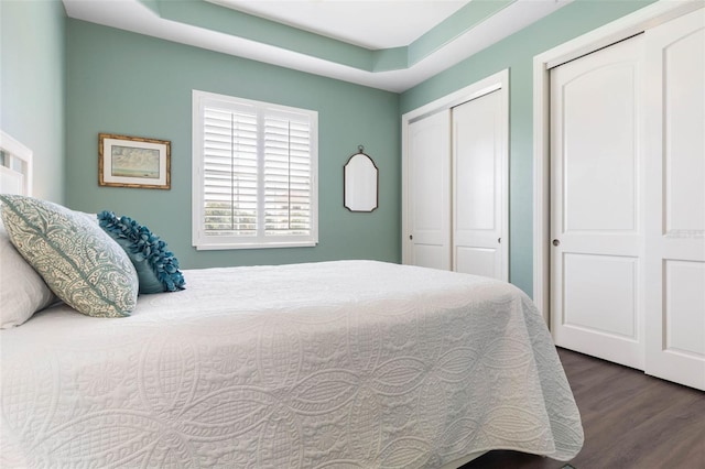 bedroom with dark hardwood / wood-style floors and a tray ceiling