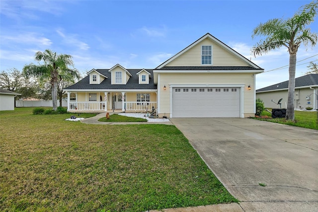 view of front of property featuring a front yard, a garage, and a porch