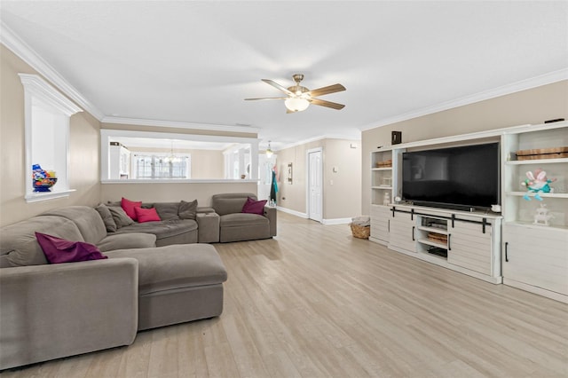 living room featuring ceiling fan with notable chandelier, ornamental molding, and light hardwood / wood-style flooring